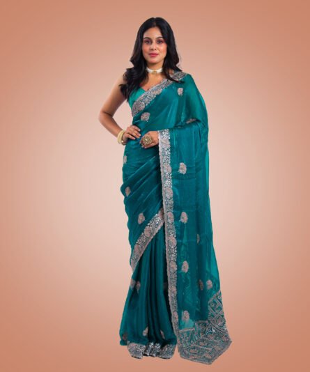 Classic Pine Green Chiffon Saree with a Flowing Drape - Image 3