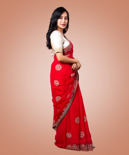 Kayaaz Women's Chiffon Red Saree  With Unstitched Blouse Piece - Image 3