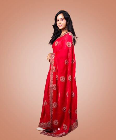 Kayaaz Women's Chiffon Red Saree  With Unstitched Blouse Piece - Image 4