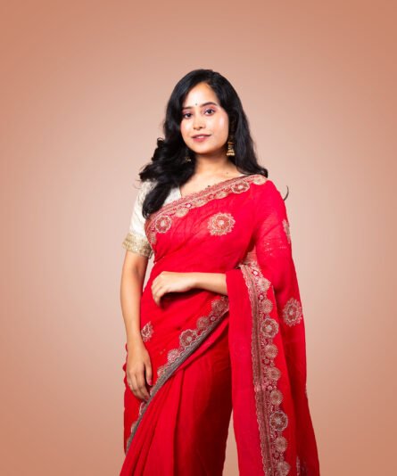 Kayaaz Women's Chiffon Red Saree  With Unstitched Blouse Piece - Image 5
