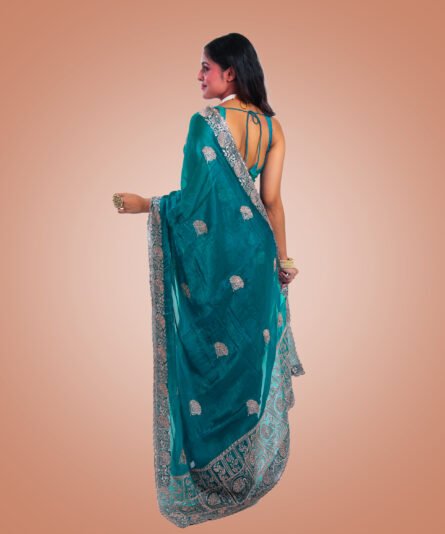 Classic Pine Green Chiffon Saree with a Flowing Drape - Image 7
