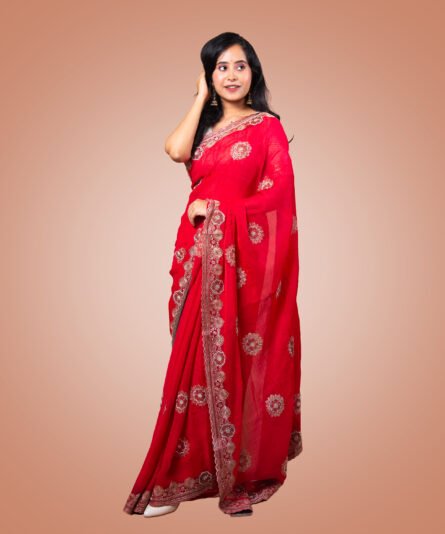 Kayaaz Women's Chiffon Red Saree  With Unstitched Blouse Piece - Image 7