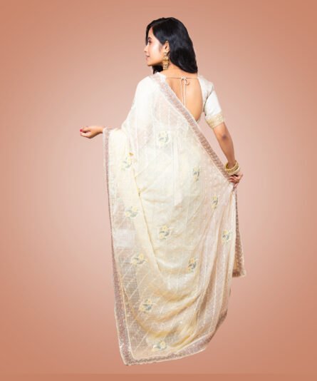 Kayaaz Women's Satin off white Saree  With Unstitched Blouse Piece - Image 6