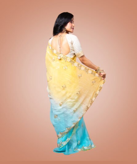 Kayaaz Women's  chiffon Dual Shade Yellow and Blue  Saree  With Unstitched Blouse Piece - Image 2
