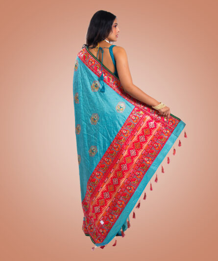 Kayaaz Women's Gujrati Sea Blue Saree  With Unstitched Blouse Piece - Image 2