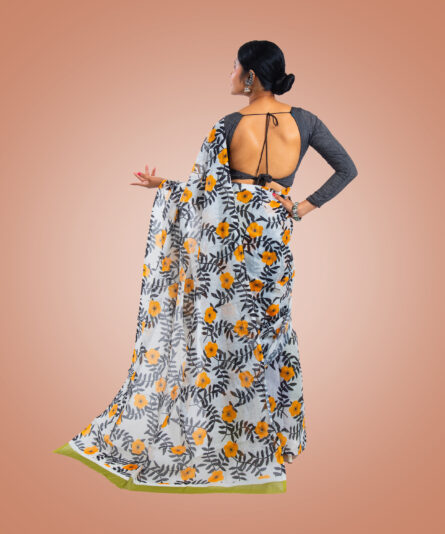 Kayaaz Women's  cotton floral print white Saree  With Unstitched Blouse Piece - Image 2