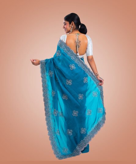 Kayaaz Women's Satin Silk Peacock blue Saree  With Unstitched Blouse Piece - Image 2