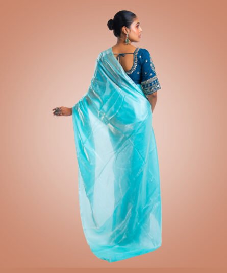 Kayaaz Women's Orgenza silk Aqua blue saree With Unstitched Blouse Piece - Image 2