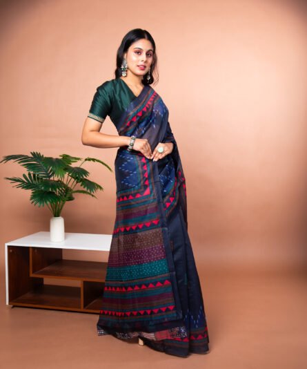 Kayaaz Women's  chanderi Dark navy blue Saree  With Unstitched Blouse Piece - Image 3