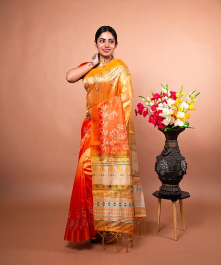 Kayaaz Women's  Bhagalpuri semi silk orange  Saree  With Unstitched Blouse Piece - Image 2