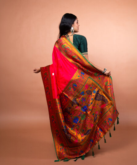 Kayaaz Women's Paithani  Bright Pink Saree  With Unstitched Blouse Piece - Image 3