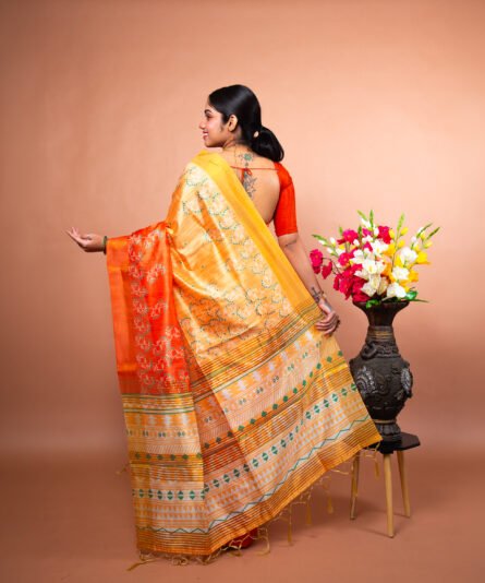 Kayaaz Women's  Bhagalpuri semi silk orange  Saree  With Unstitched Blouse Piece - Image 4