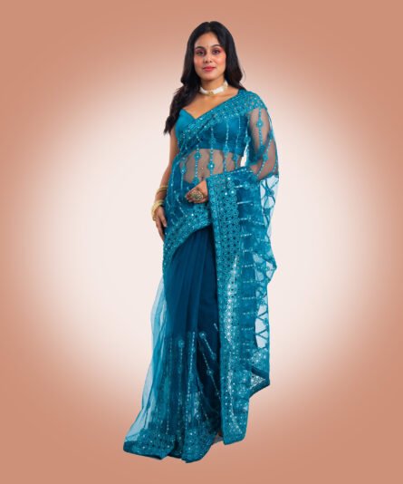 Soft Net Saree in Refreshing Aqua Blue Tone - Image 3