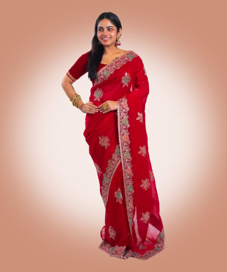 Kayaaz Women's Georgette dep red Saree  With Unstitched Blouse Piece - Image 3