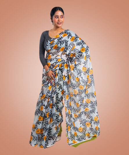 Kayaaz Women's  cotton floral print white Saree  With Unstitched Blouse Piece - Image 3