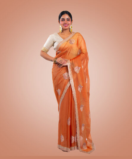 Kayaaz Women's Chiffon Peach Saree  With Unstitched Blouse Piece - Image 3