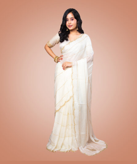 Kayaaz Women's Chiffon White Saree  With Unstitched Blouse Piece - Image 4