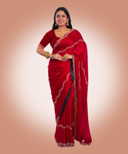 Tissue Saree in Rich Deep Red Tone - Image 3