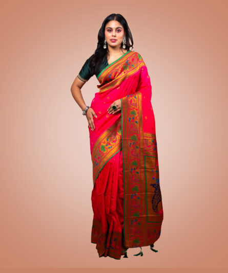 Kayaaz Women's Paithani  Bright Pink Saree  With Unstitched Blouse Piece - Image 5