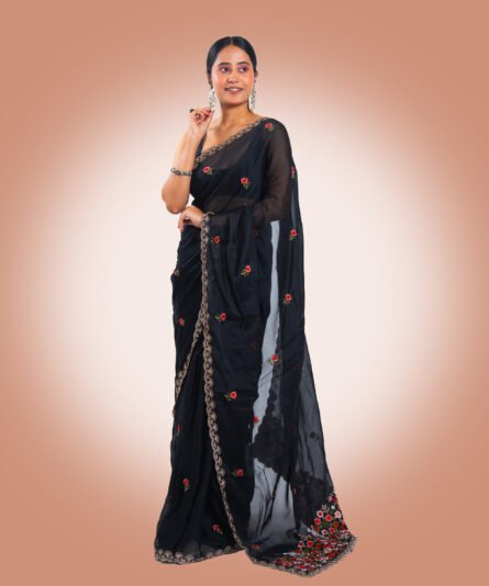 Classic Black Georgette Saree with a Flowing Drape - Image 7