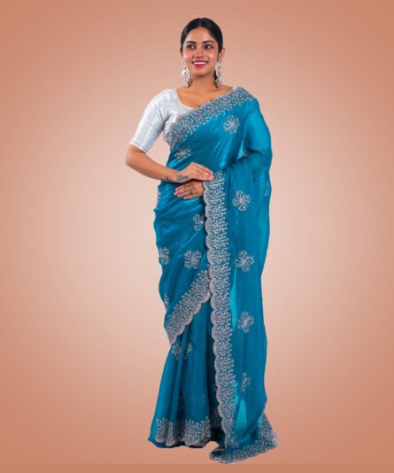 Kayaaz Women's Satin Silk Peacock blue Saree  With Unstitched Blouse Piece - Image 3