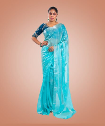 Kayaaz Women's Orgenza silk Aqua blue saree With Unstitched Blouse Piece - Image 3