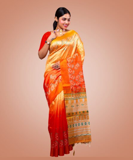 Kayaaz Women's  Bhagalpuri semi silk orange  Saree  With Unstitched Blouse Piece - Image 5