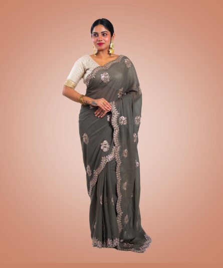 Kayaaz Women's Chiffon olive Saree  With Unstitched Blouse Piece - Image 3