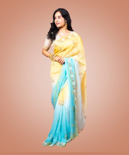 Kayaaz Women's  chiffon Dual Shade Yellow and Blue  Saree  With Unstitched Blouse Piece - Image 3