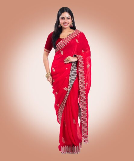 Classic Red Chiffon Saree with a Flowing Drape - Image 3