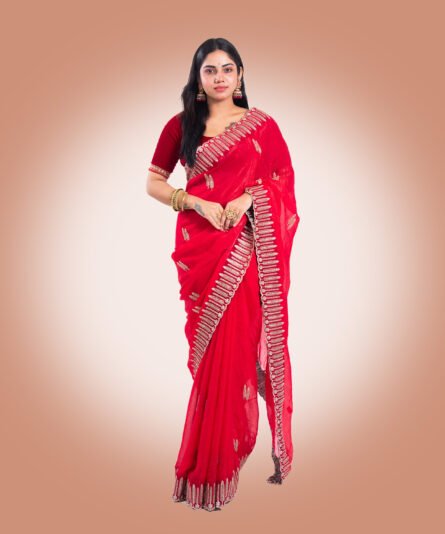 Classic Red Chiffon Saree with a Flowing Drape - Image 4