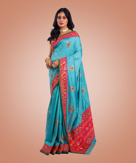 Kayaaz Women's Gujrati Sea Blue Saree  With Unstitched Blouse Piece - Image 4