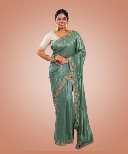 Kayaaz Women's  Georgette Pista Green Saree  With Unstitched Blouse Piece - Image 4