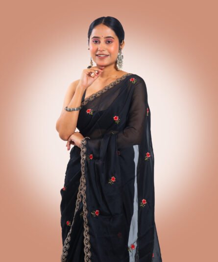 Classic Black Georgette Saree with a Flowing Drape - Image 5