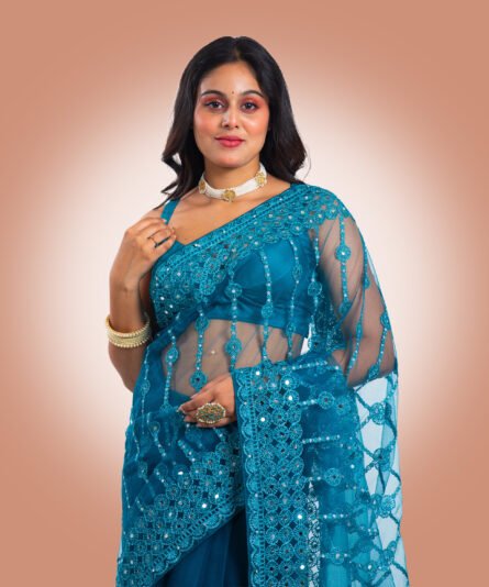 Soft Net Saree in Refreshing Aqua Blue Tone - Image 5