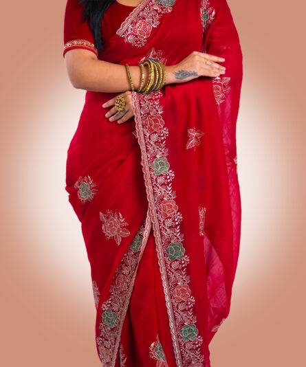 Kayaaz Women's Georgette dep red Saree  With Unstitched Blouse Piece - Image 5