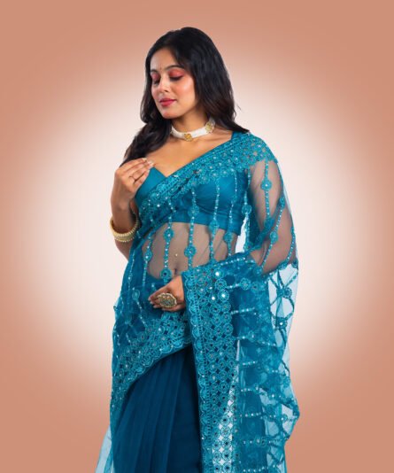 Soft Net Saree in Refreshing Aqua Blue Tone - Image 6