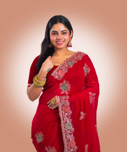 Kayaaz Women's Georgette dep red Saree  With Unstitched Blouse Piece - Image 6