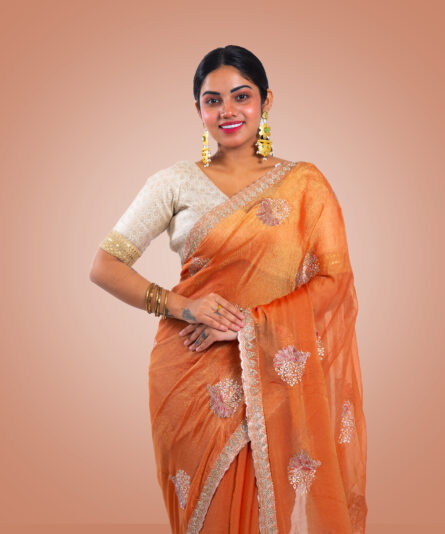 Kayaaz Women's Chiffon Peach Saree  With Unstitched Blouse Piece - Image 5