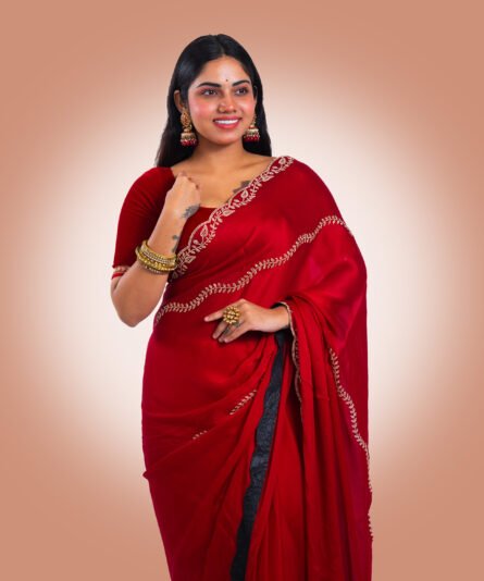 Tissue Saree in Rich Deep Red Tone - Image 6