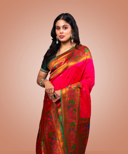 Kayaaz Women's Paithani  Bright Pink Saree  With Unstitched Blouse Piece - Image 7