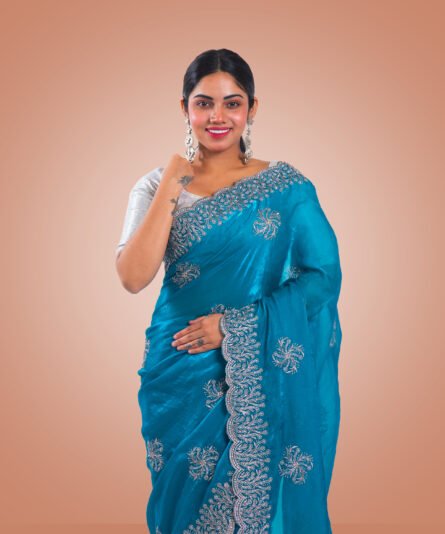 Kayaaz Women's Satin Silk Peacock blue Saree  With Unstitched Blouse Piece - Image 5