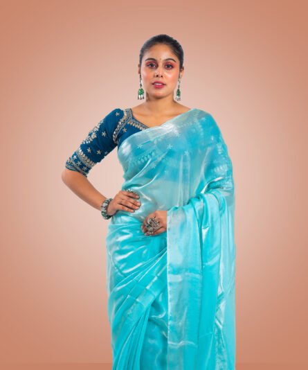 Kayaaz Women's Orgenza silk Aqua blue saree With Unstitched Blouse Piece - Image 5