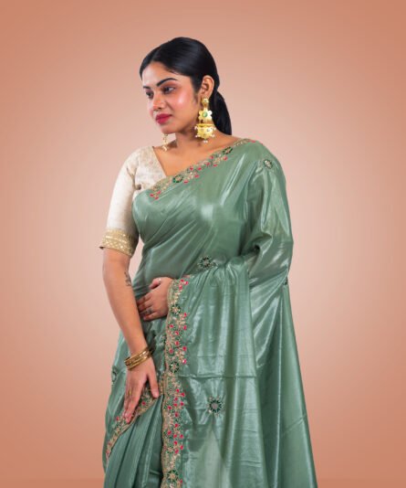 Kayaaz Women's  Georgette Pista Green Saree  With Unstitched Blouse Piece - Image 5