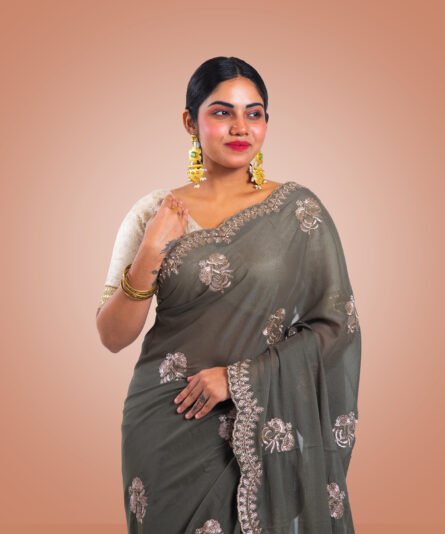 Kayaaz Women's Chiffon olive Saree  With Unstitched Blouse Piece - Image 5