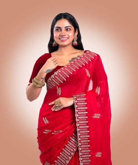 Classic Red Chiffon Saree with a Flowing Drape - Image 5