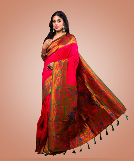 Kayaaz Women's Paithani  Bright Pink Saree  With Unstitched Blouse Piece - Image 8