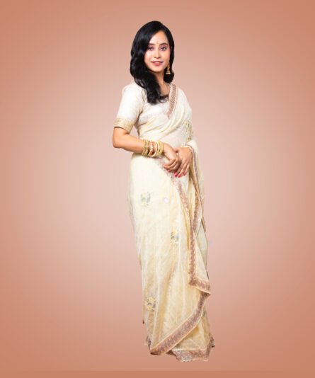 Kayaaz Women's Satin off white Saree  With Unstitched Blouse Piece - Image 3