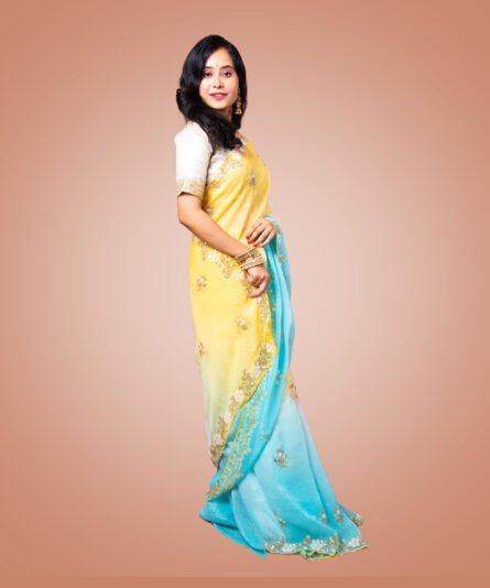 Kayaaz Women's  chiffon Dual Shade Yellow and Blue  Saree  With Unstitched Blouse Piece - Image 5