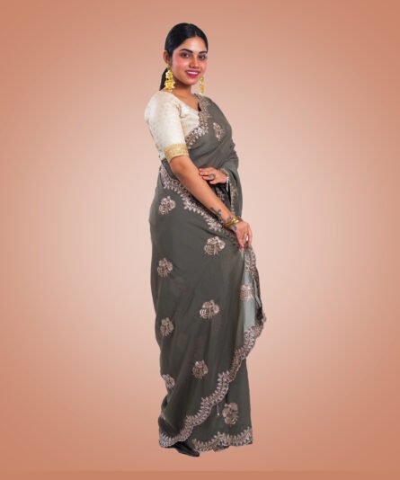 Kayaaz Women's Chiffon olive Saree  With Unstitched Blouse Piece - Image 7